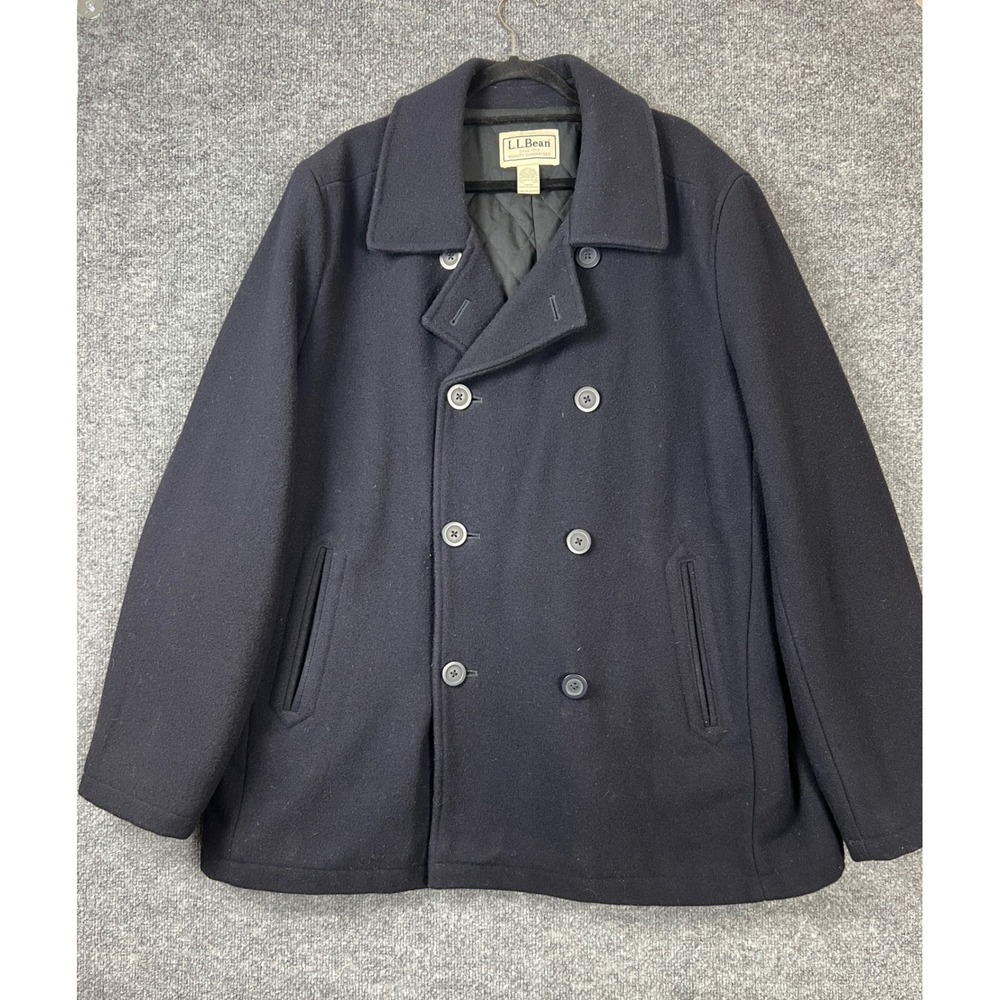 LL Bean PeaCoat Mens XXL Navy Blue Wool Thinsulate Insulated Double‎ Breasted